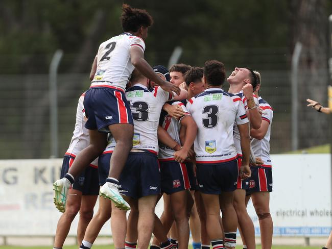 RoosterÃs celebrate Jack Dean-Potaka try SLE Andrew Johns Cup Newcastle Knights v Central Coast Roosters at Cessnock Sportsground Saturday 2nd March 2024.pic Sue Graham