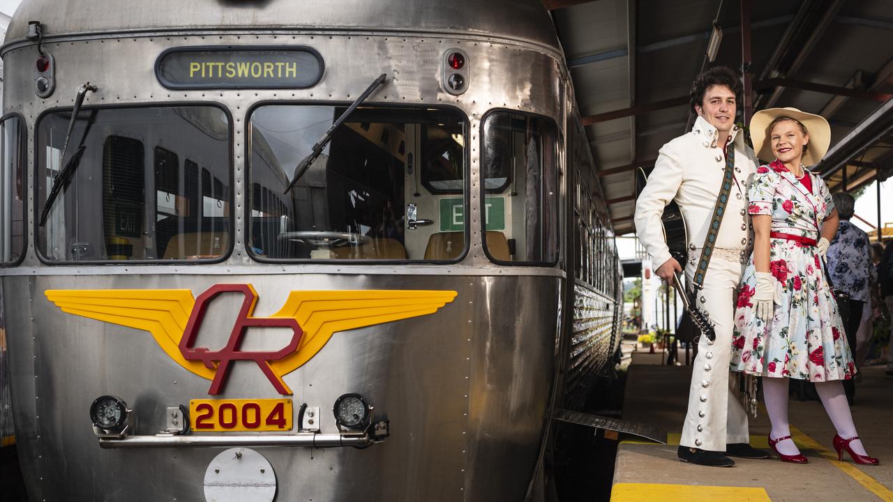 Matthew Peter as Elvis with Shanesia Pfeffer as DownsSteam host an Elvis show and railmotor trip to Pittsworth. Picture: Kevin Farmer