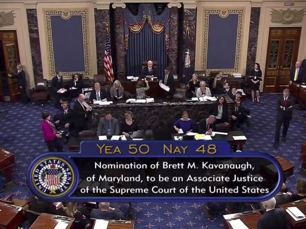 US Vice-President Mike Pence announces the result of the vote for the confirmation of Brett Kavanaugh to the Supreme Court in Washington. Picture: AP/APTN