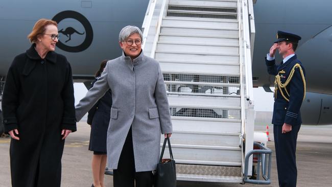 Foreign Minister Penny Wong with Australia's EU ambassador Caroline Millar.