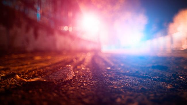 Autumn leaf on the road surface with blue and red police lights in the background