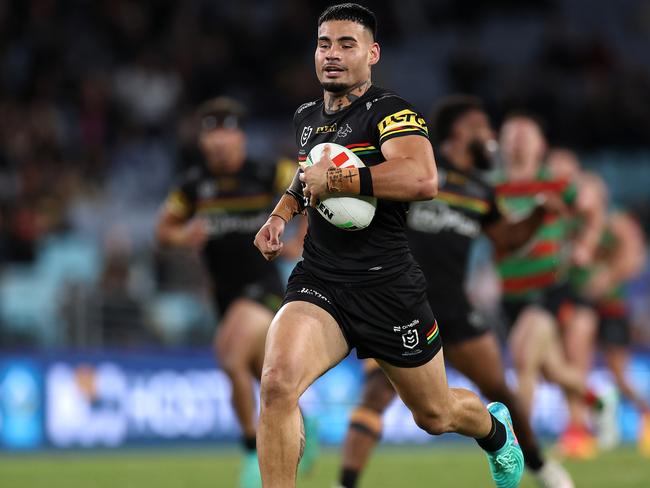 SYDNEY, AUSTRALIA – MAY 02: Taylan May of the Panthers makes a break to score a try during the round nine NRL match between South Sydney Rabbitohs and Penrith Panthers at Accor Stadium on May 02, 2024, in Sydney, Australia. (Photo by Cameron Spencer/Getty Images)