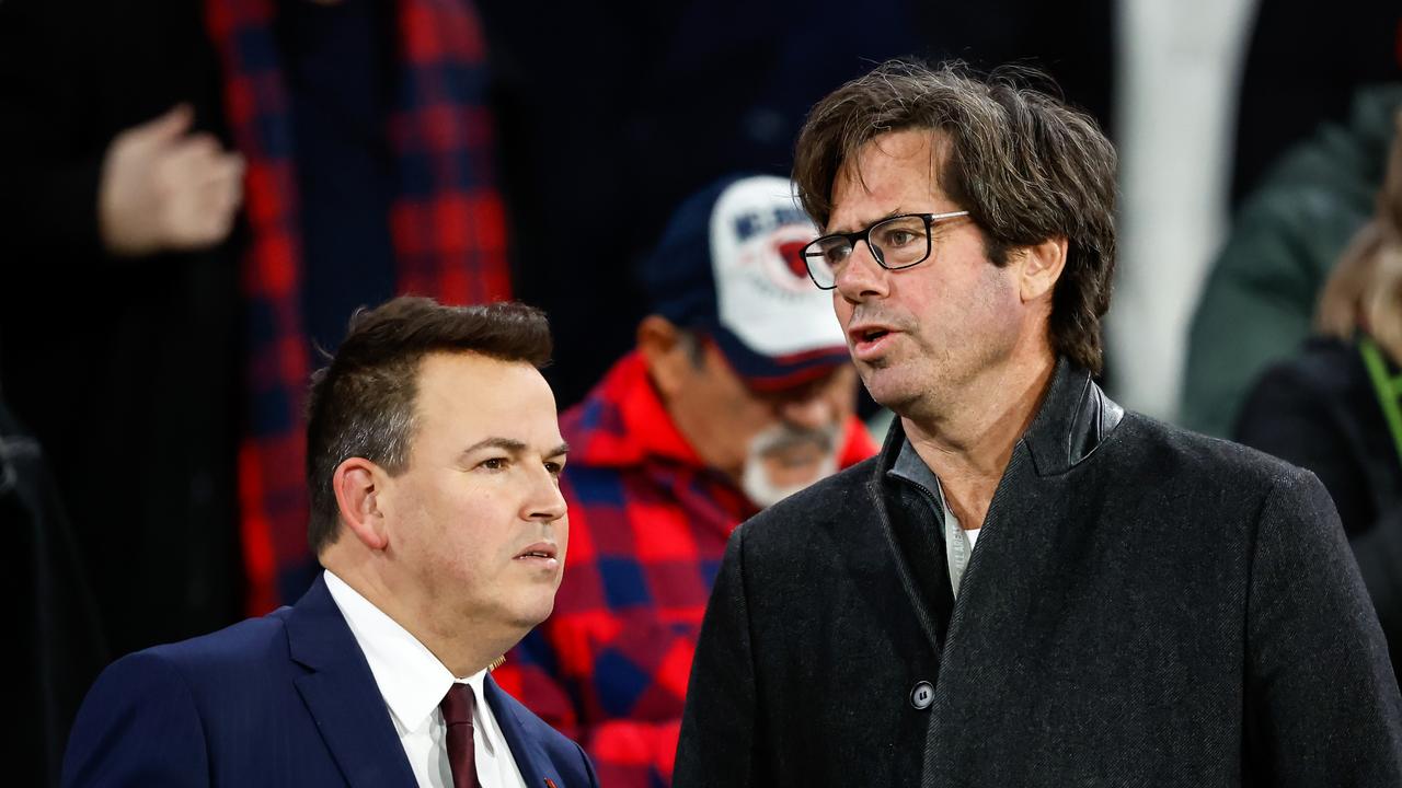 Channel 7 sports reporter Tom Browne and Gillon McLachlan, Chief Executive Officer of the AFL. Photo by Dylan Burns/AFL Photos via Getty Images.