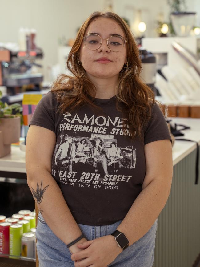 Sara Gumbert, a college student working at the coffee shop, says her neighbours are “going to have to be” ready for the US to have a woman in the White House. Picture: Eli Hiller