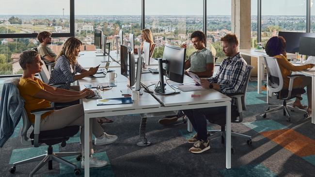 Large group of programmers working in a modern office of a software company. Copy space.