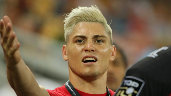 James O’Connor watches Toulon from the bench as they play the Force at Suncorp Stadium.