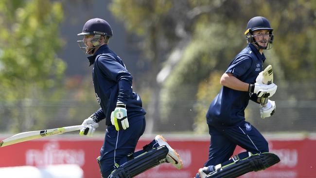 CarltonÃs Mackenzie Harvey and Connor Rutland during the Premier Cricket match between Essendon and Carlton in Essendon, Saturday, Nov. 20, 2021. Picture: Andy Brownbill