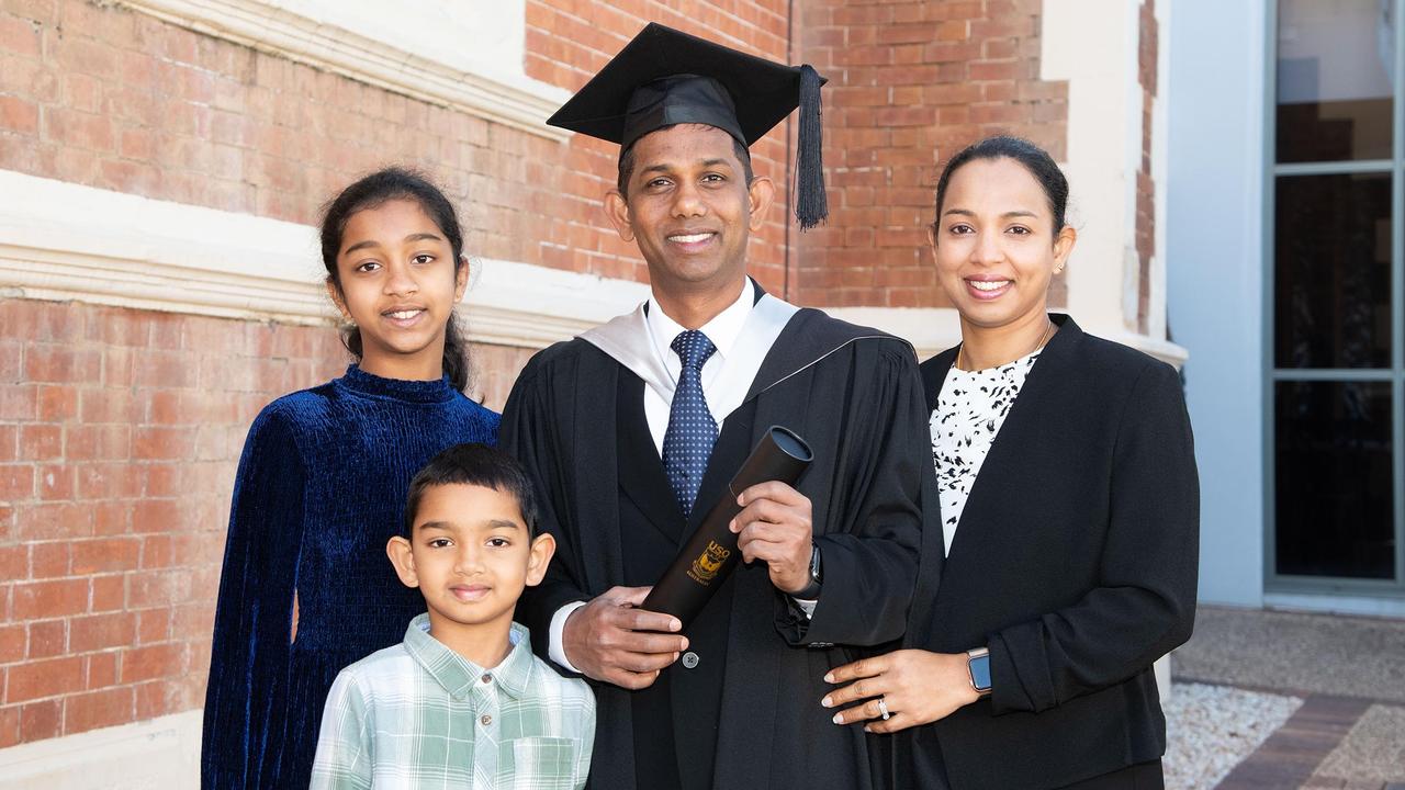Thilak Krathnayake, Graduate Master in Business and his family Yehansa, Yenul and Suranji. Administration. UniSQ graduation ceremony at Empire Theatre, Tuesday June 27, 2023.