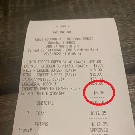 In September, a post about the unexpected surcharge on a receipt at the Bavarian sparked outrage. Picture: Reddit