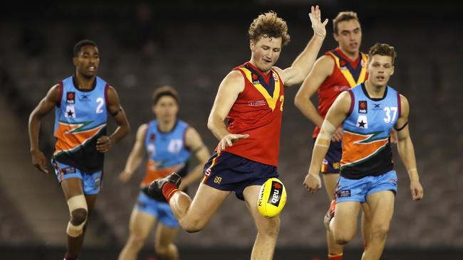 MELBOURNE, AUSTRALIA - JULY 03: Will Gould of South Australia kicks the ball during the AFL 2019 U18 Championships match between South Australia and the Allies at Marvel Stadium on July 03, 2019 in Melbourne, Australia. (Photo by Dylan Burns/AFL Photos via Getty Images)