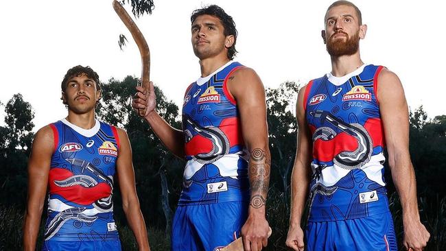 Western Bulldogs trio Arty Jones, Jamarra Ugle-Hagan and Liam Jones in the 2023 Sir Doug Nicholls Round guernsey. Picture: Instagram