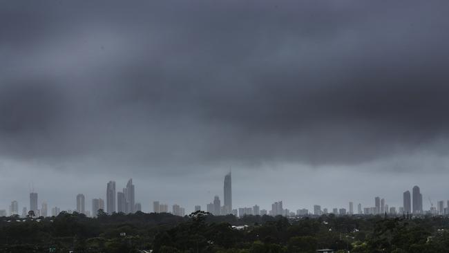 Storm clouds over Surfers Paradise. The Bureau of Meteorology is predicting thunderstorms for southeast Queensland this week. Picture: Glenn Hampson