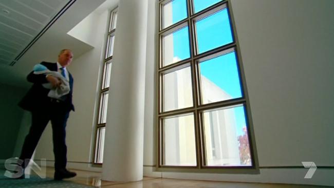 Mr Joyce takes Sebastian through the halls of Parliament House in Canberra. Picture: Channel 7