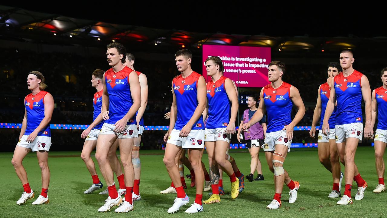 A power outage in Brisbane was one of the more bizarre scenes of the year. (Photo by Albert Perez/AFL Photos via Getty Images)