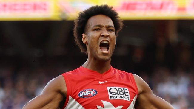 PERTH, AUSTRALIA - MARCH 23: Joel Amartey of the Swans celebrates a goal during the 2025 AFL Round 02 match between the Fremantle Dockers and the Sydney Swans at Optus Stadium on March 23, 2025 in Perth, Australia. (Photo by Janelle St Pierre/AFL Photos via Getty Images)