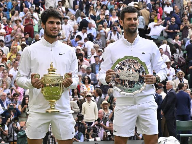 Alcaraz and Djokovic after the 2023 Wimbledon final. Picture: Paul Popper/Popperfoto via Getty Images