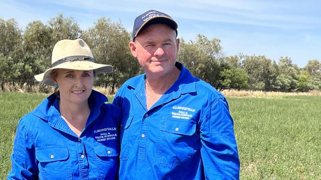 Paul and Dalles Routley from Almondvale at Urana in southern NSW pictured in a paddock of lucerne. Picture: Nikki Reynolds