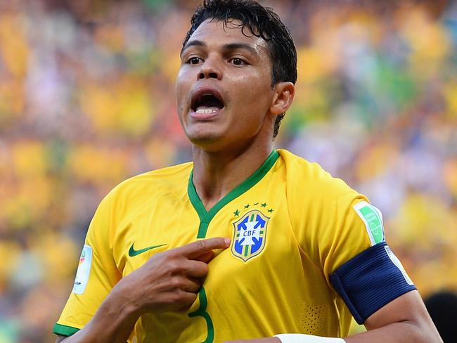 FORTALEZA, BRAZIL - JULY 04: Thiago Silva of Brazil celebrates scoring his team's first goal during the 2014 FIFA World Cup Brazil Quarter Final match between Brazil and Colombia at Castelao on July 4, 2014 in Fortaleza, Brazil. (Photo by Jamie McDonald/Getty Images)