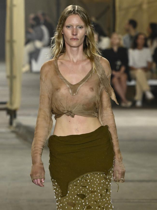 A model walks the runway during the Albus Lumen show during Australian Fashion Week. Picture: Stefan Gosatti/Getty Images