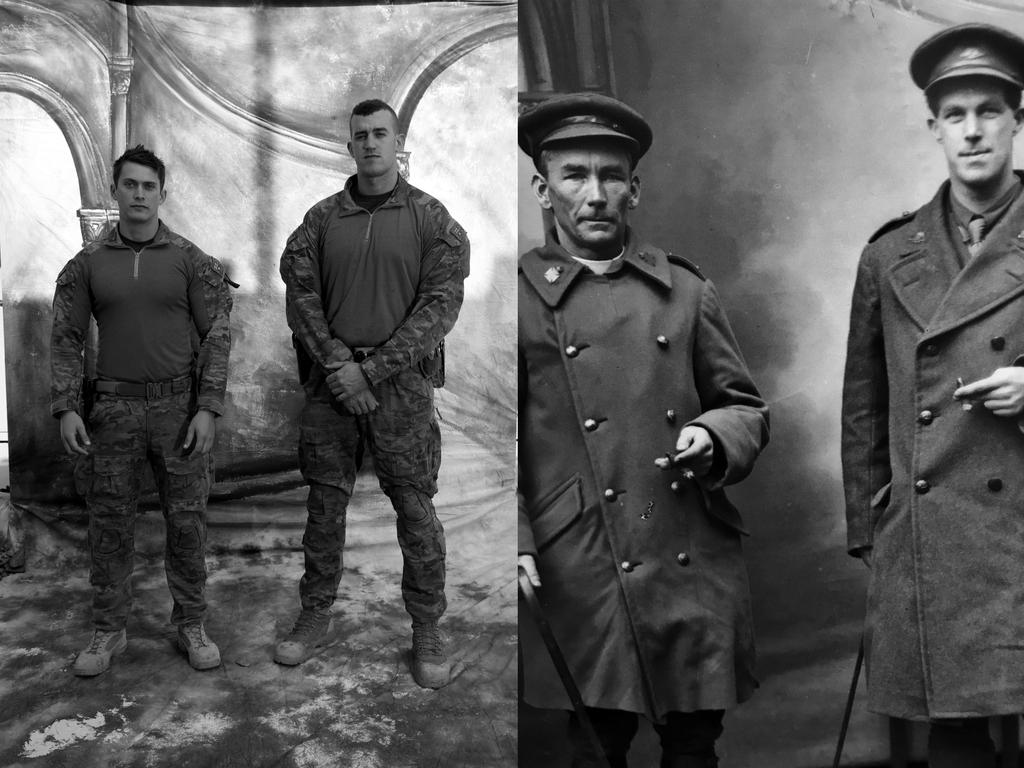 Left side photo L-R: PTE Daniel de Klerk, 22, with PTE Tyler Sten Lindberg, 23. Picture: Gary Ramage. The photograph on the right is the original taken in France during WW1 of Aussie Diggers.