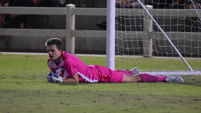 Ethan Reed's spectacular save in the Magpies Crusaders v Sunshine Coast Fire in the FQPL1 at Sologinkin Oval. Saturday, March 19, 2022. Picture: Tara Miko