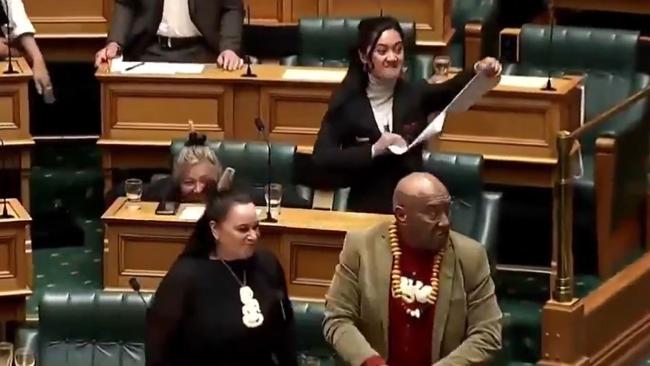 MP Hana-Rawhiti Maipi-Clarke tears the bill as she begins her protest.