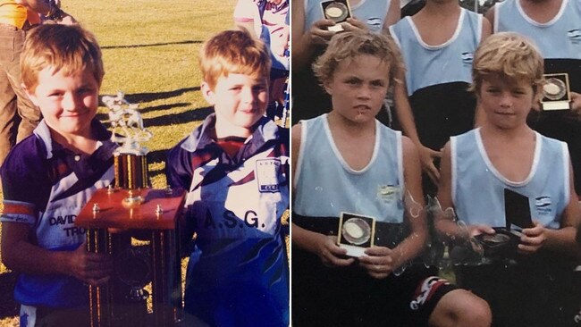 Flanagan and Brailey after winning the under-7s grand final for Aquinas Colts, and two years later after in under-9s touch football.