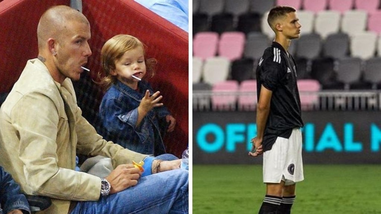 Romeo Beckham is following in his dad's footsteps. Photo: Alvaro Hernandez/AP and Instagram.