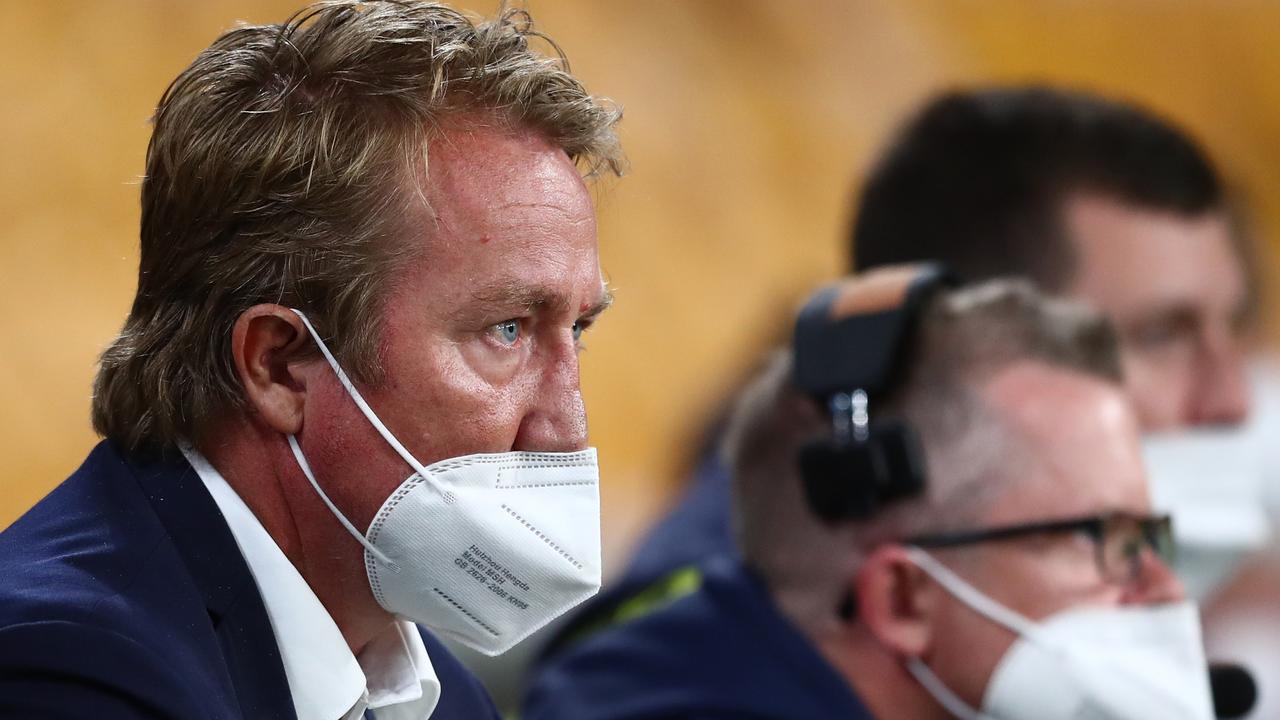 BRISBANE, AUSTRALIA – AUGUST 27: Roosters coach Trent Robinson watches the game from the side-line during the round 24 NRL match between the Sydney Roosters and the South Sydney Rabbitohs at Suncorp Stadium on August 27, 2021, in Brisbane, Australia. (Photo by Chris Hyde/Getty Images)