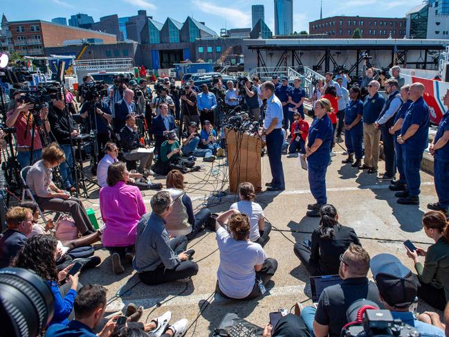 US Rear Admiral John Mauger, the First Coast Guard District commander, speaks at a press conference to the world’s media on June 22, 2023. Picture: Joseph Prezioso/AFP