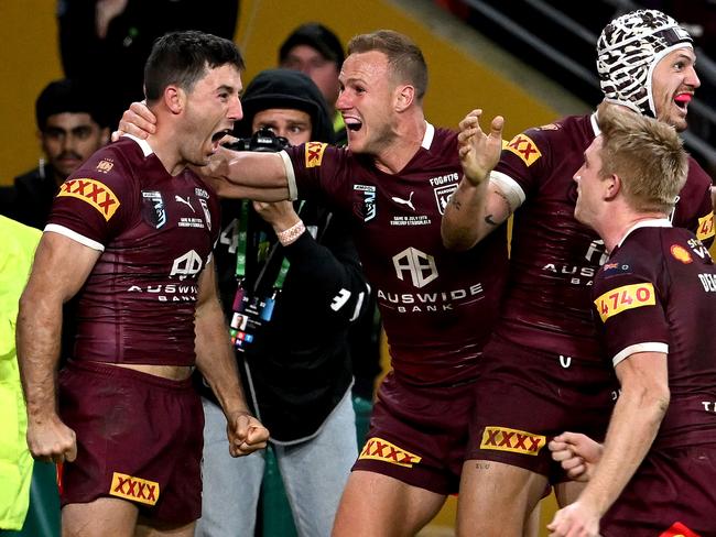 Hunt celebrates after scoring the runaway try to clinch the 2022 Origin series in the decider at Suncorp. Picture: Getty Images