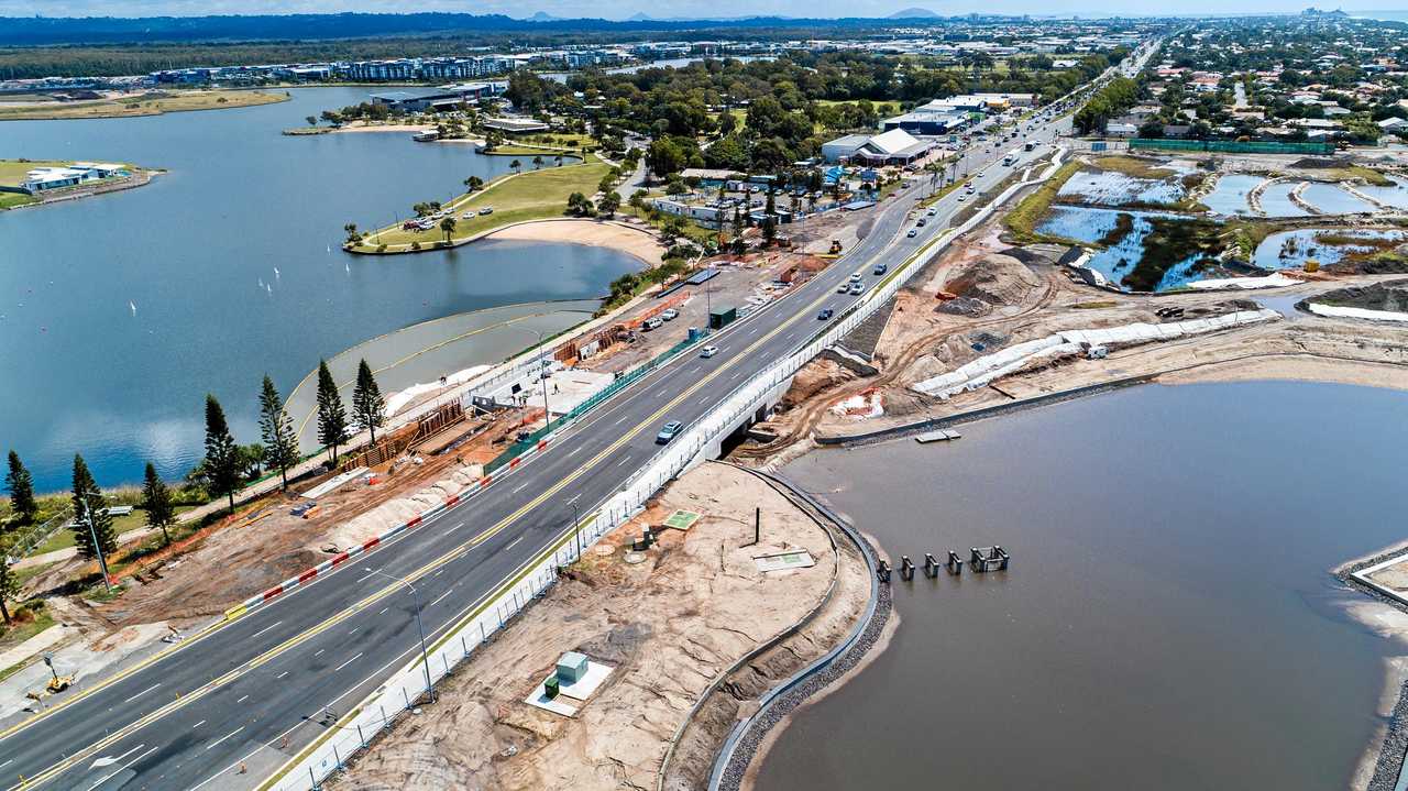 A number of milestones are within reach at Stockland's Oceanside development in Birtinya. Pictured are recent aerial photographs showing housing site and lake development in the Bokarina Beach residential area. Picture: Stockland
