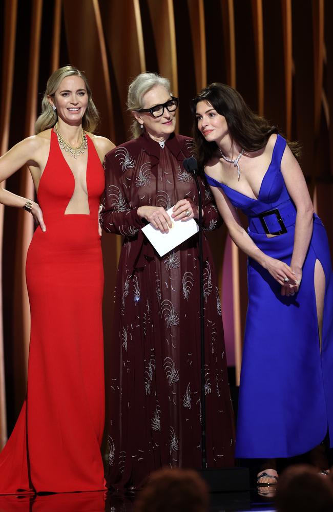 Emily Blunt and Anne Hathaway roast Meryl Streep at the Screen Actors Guild Awards on February 24 in LA. Picture: Matt Winkelmeyer/Getty Images