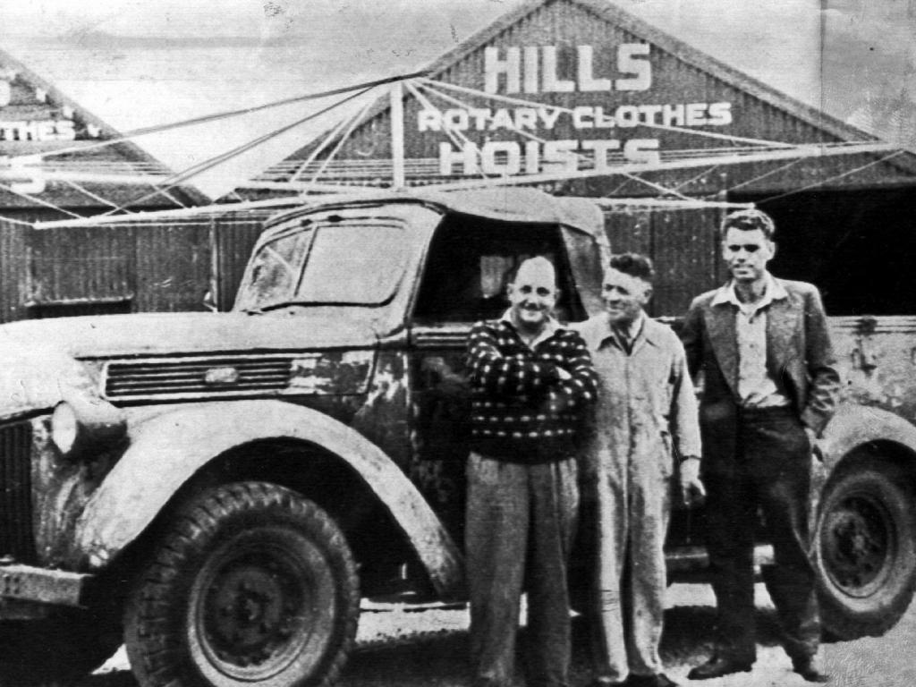 Lance Hill (to the left) at his Hills hoist factory in Adelaide circa 1946.