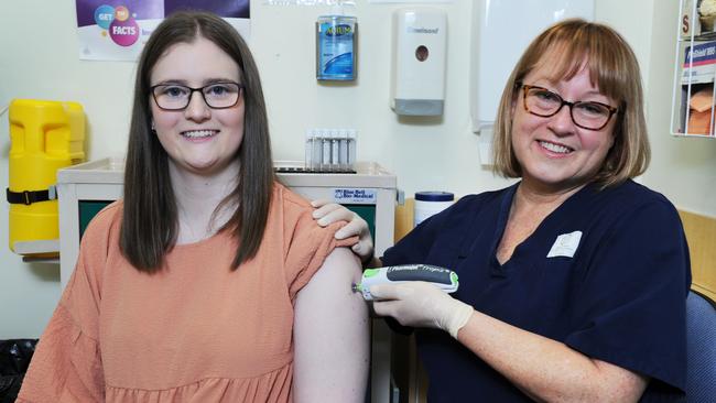 New Covid vaccine candidate Jessica Ward and nurse Meredith Krieg at the Women’s and Children’s Hospital. Picture: Michael Marschall