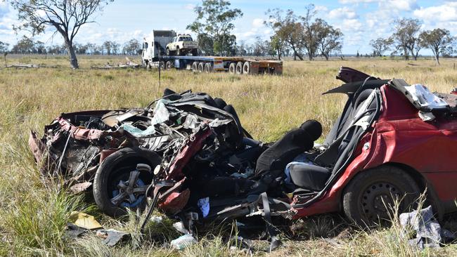 Emergency services rushed to a car and truck collision along the Warrego Highway in Bowenville on June 18. Picture: Sam Turner