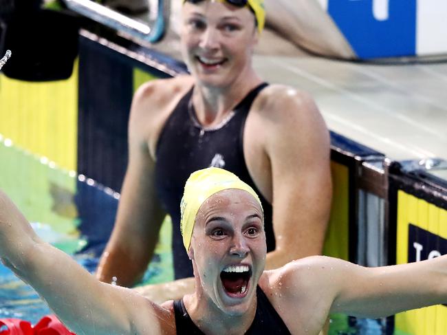 GOLD COAST, AUSTRALIA - APRIL 09:  Bronte Campbell of Australia celebrates victory in the Women's 100m Freestyle Final on day five of the Gold Coast 2018 Commonwealth Games at Optus Aquatic Centre on April 9, 2018 on the Gold Coast, Australia.  (Photo by Hannah Peters/Getty Images)