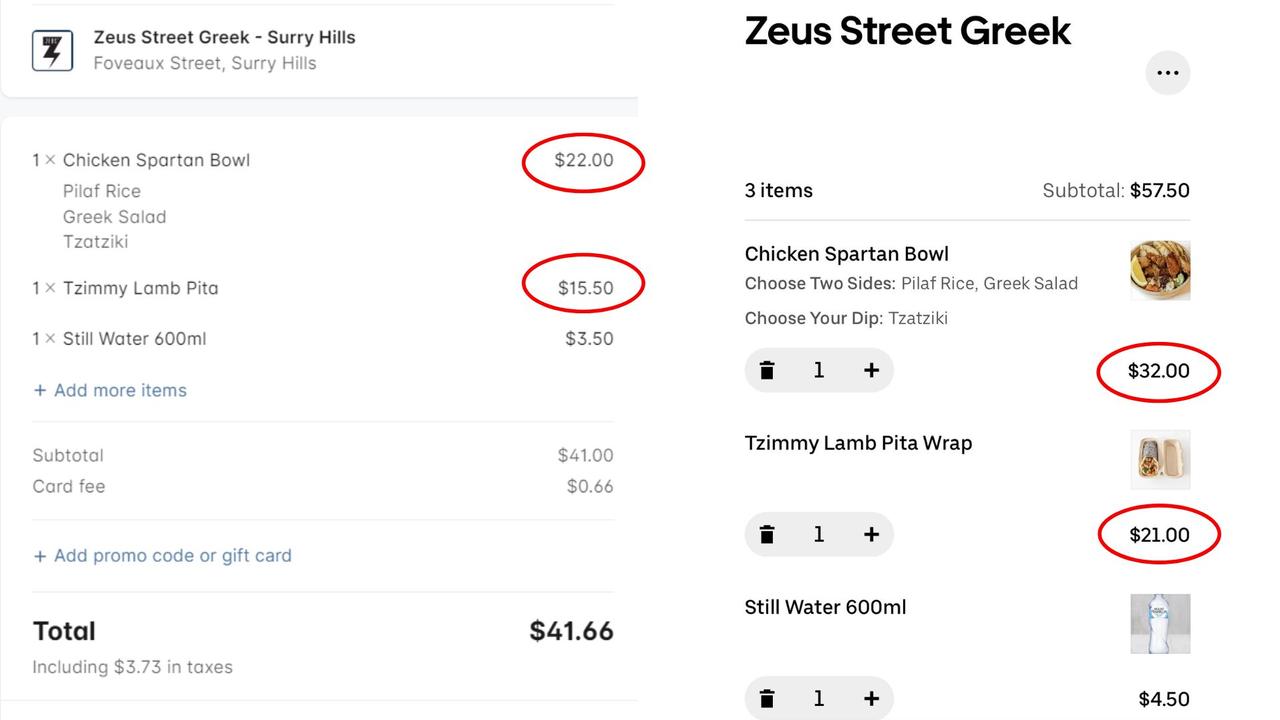 Comparison of prices at Zeus Street Greek ordered through the website (left) and UberEats (right).