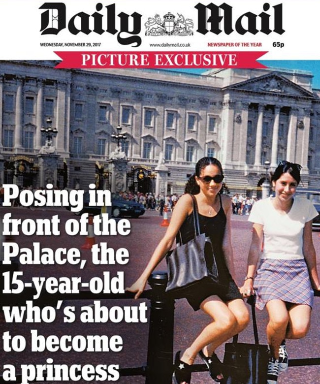 A young Meghan Markle is pictured outside Buckingham Palace.