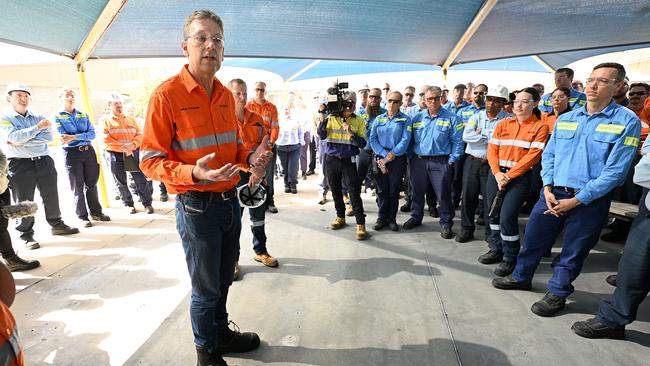 Rio Tinto CEO Jakob Stausholm talks to staff at the Boyne Aluminium smelter in Gladstone. Picture: Lyndon Mechielsen