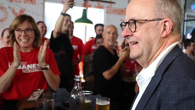 Mr Albanese visits a local brewery for a beer with party workers. Picture: David Gray/AFP