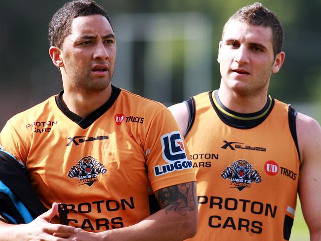 Benji Marshall (L) and Robbie Farah during West Tigers NRL training session at Concord Oval in Sydney.