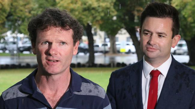 Harness racing trainer Gavin Kelly with Labor MP Dean Winter on parliament Lawns on Tuesday, March 28, 2023.