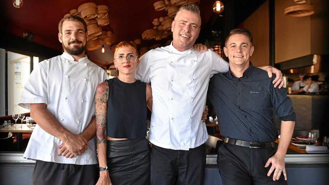 Spice Bar Mooloolaba are back in Good Food Guide Australia's top restaurants. Head chef Jason Robinson, owners Kym-Sarah Ruttan and executive chef Aaron Ruttan, and restaurant manager Ross Charnock. Picture: Patrick Woods