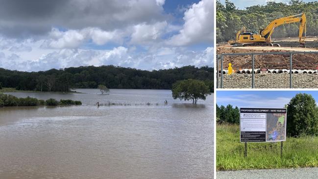 The Serpentine Creek wetlands in flood last year in 2020. The site is off Beenleigh-Redland Bay Rd, near where the treatment plant will drain. Top: dozers plough on to create the housing estate which still has no sewerage. A billboard at the Serpentine Creek site where the plant is to be built.