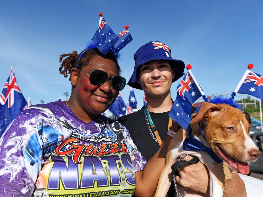 Penina Tom and Brock Willet with their dog Boss at Hidden Valley for the annual Variety NT Australia Day Ute run. Picture: Che Chorley