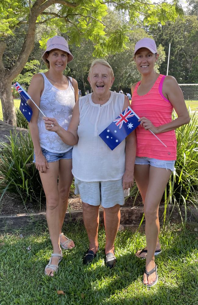 Miranda Nelson, 34, with Charlie Nelson, 5, and Teaghan Mills, 31, with Isabelle Mills, 4, at the Australia Day Mullet Throwing Championship in Ocean Shores on January 26. Picture: Savannah Pocock.