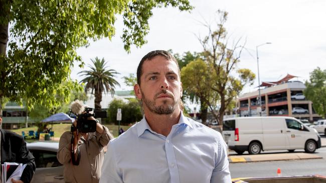 Former NT police officer Zachary Rolfe arrives Alice Springs court for day three of him giving evidence at the inquest into the death of Kumanjayi Walker. Picture: Liam Mendes / The Australian