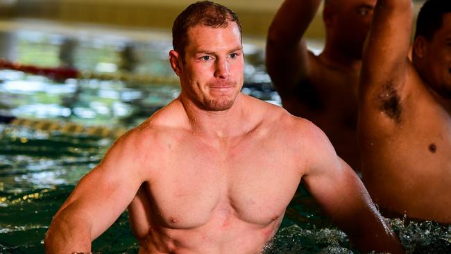 David Pocock in the pool at Brisbane’s national cricket centre for the Wallabies’ recovery session yesterday. Picture: Rugby.com.au/Stuart Walmsley