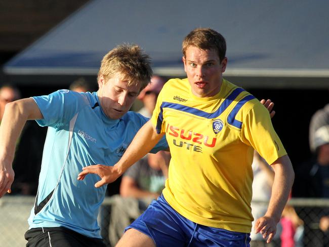 Gold Coast Soccer. Palm Beach v Broadbeach.(L-R) Ash Hustwayte Palm beach and Andrew Robinson (Broadbeach).